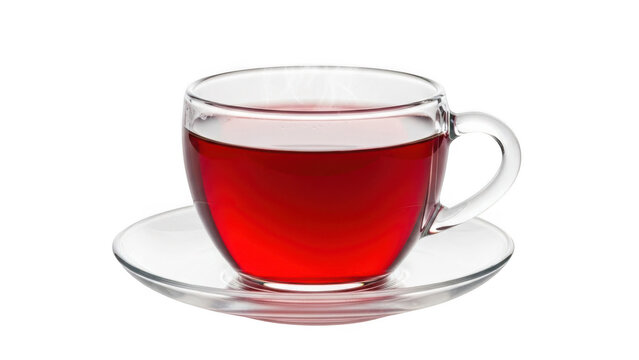 A clear glass cup filled with rich red tea