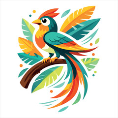 Fototapeta premium Colorful Tropical Bird Vector with Exotic Leaves – Cute Jungle Wildlife Illustration