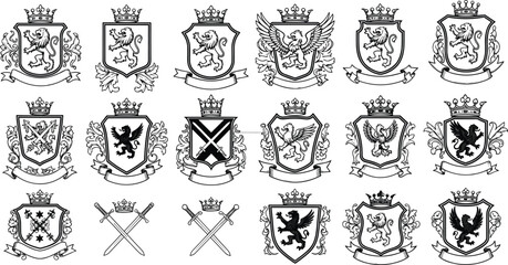 Heraldic coat of arms collection, medieval royal crest designs, vintage lion eagle shields, classic monarchy emblem set, black white vector © Azom