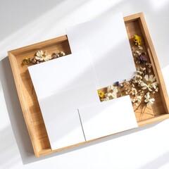A rustic wooden tray holds two elegant white cards adorned with delicate floral designs, surrounded by vibrant, fresh flowers in various colors.