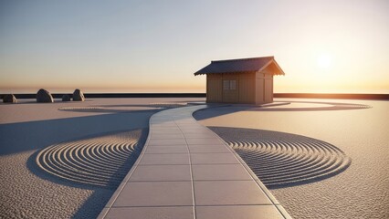 Zen garden path leading to a small traditional Japanese house at sunset, tranquil landscape with raked sand patterns