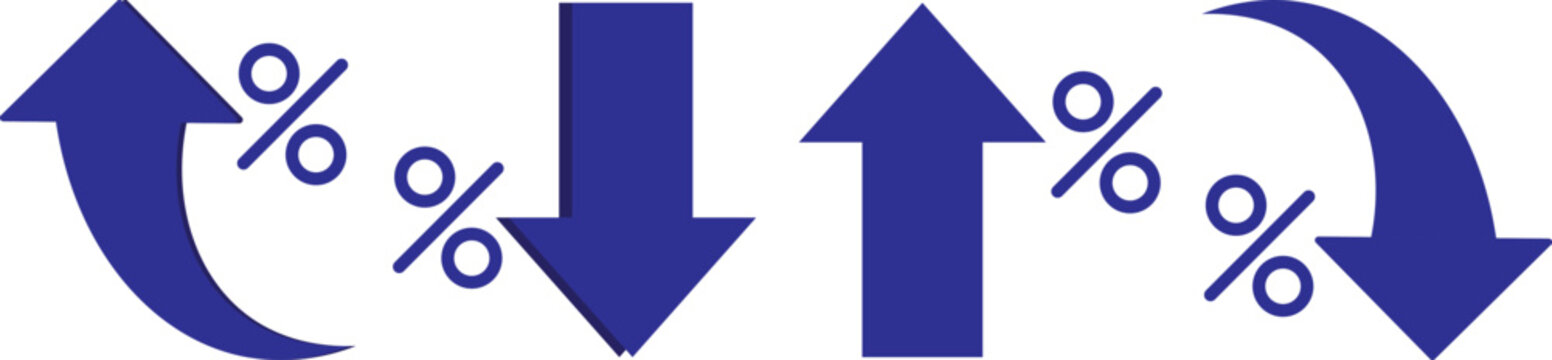 Percent Arrow Icon Set. curved arrow icon with percent symbol, economic growth, increase. Thin stroke editable icons. with increase arrow up icon, decrease arrow down icon