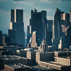 Obraz premium As dusk settles over the city, the skyline showcases a blend of modern and historic architecture. Buildings glow in the fading light, creating a vibrant urban atmosphere.