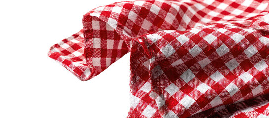 Close-up of a red and white checkered cloth folded, with the edge of the fabric visible