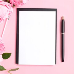 A blank sheet of white paper and a sleek black pen rest on a soft pink background, surrounded by delicate pastel flowers, creating a serene workspace vibe.