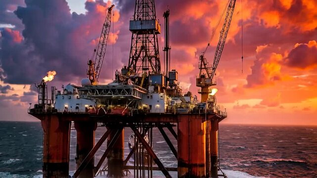 Gravity-based structure platform operating in rough seas at sunset. Supply vessel positioned nearby during offshore extraction operations. Orbiting shot
