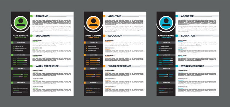 Professional Resume Templates with Varied Color Schemes and Layouts