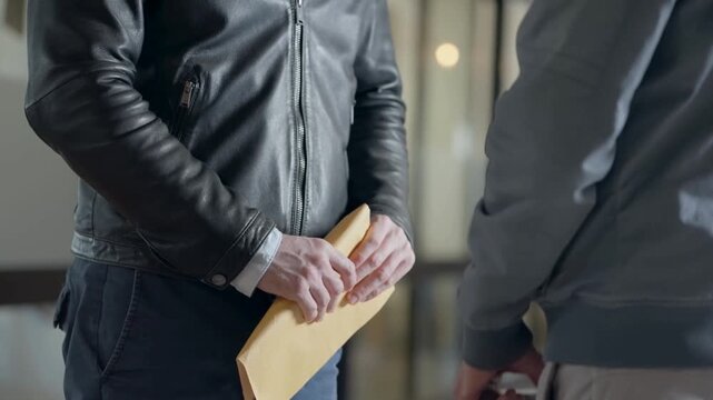shady business transaction in office two men exchange briefcase with envelope of money and shake hands corruption or conspiracy fraud.
