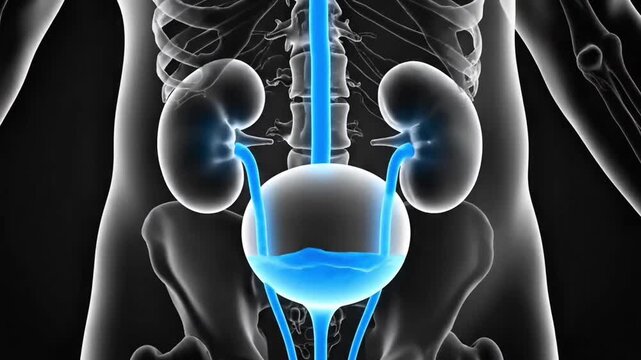 A detailed medical illustration of the human urinary system with kidneys, ureters, and bladder highlighted in blue against a green screen background.
