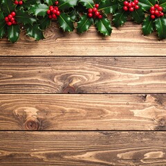 A festive arrangement of vibrant green holly leaves adorned with bright red berries, beautifully displayed on a rustic wooden background, evoking holiday cheer.
