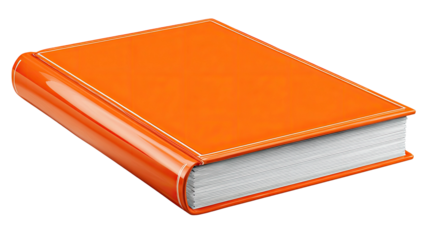 A single orange book with a glossy cover and white pages on a transparent background
