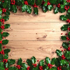 A festive Christmas holly wreath adorned with vibrant red berries and lush green leaves, beautifully displayed against a rustic wooden background.