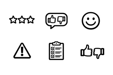 Fototapeta premium Black flat vector icon set focused on customer feedback and satisfaction. Clean outline symbols for reviews, surveys and user experience evaluation interfaces.
