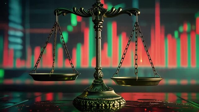 上昇と下降を示すチャートと天秤が並び金融市場と正義の均衡を象徴する構図