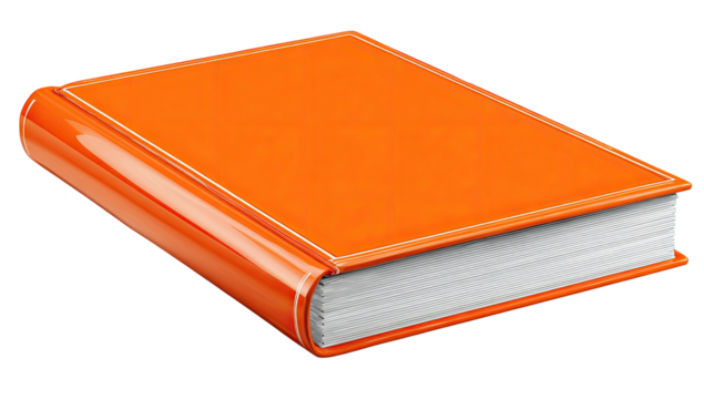 A single orange book with a glossy cover and white pages on a transparent background - Powered by Adobe