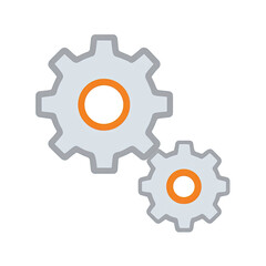 Two interlocking gears illustration with light gray and orange detailing, against a stark black backdrop