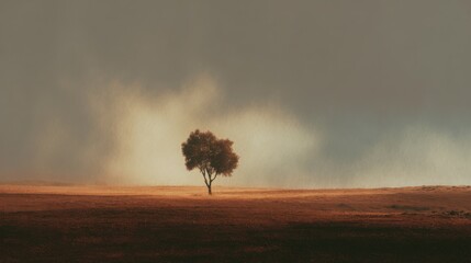 a solitary tree glowing under soft rain, golden and blush light filtering through clouds, terracotta earth tones
