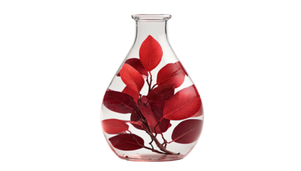 Clear glass vessel holds vibrant, crimson leaves, isolated against a dark backdrop