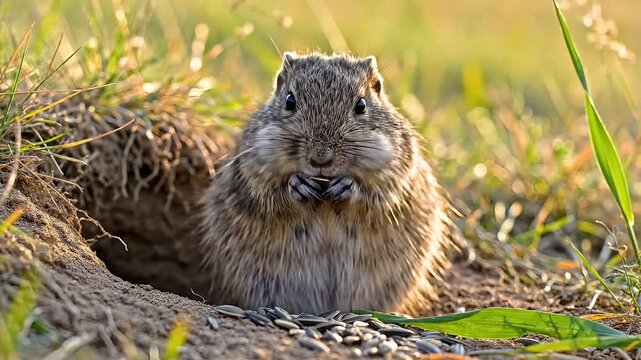 Adorable gopher eating green grass in natural habitat