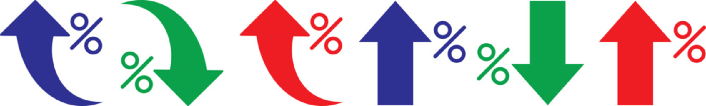Percent Arrow Icon Set. curved arrow icon with percent symbol, economic growth, increase. Thin stroke editable icons. with increase arrow up icon, decrease arrow down icon