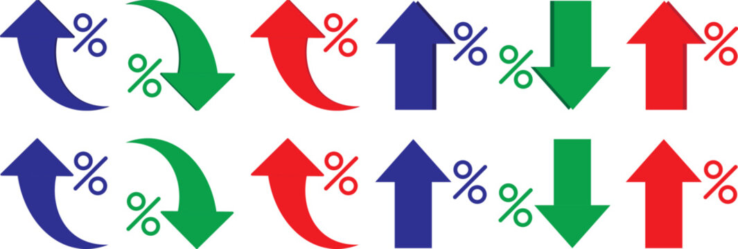 Percent Arrow Icon Set. curved arrow icon with percent symbol, economic growth, increase. Thin stroke editable icons. with increase arrow up icon, decrease arrow down icon
