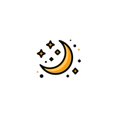 A cartoon depiction of a crescent moon with twinkling stars against a deep black background