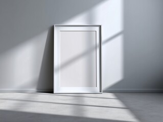 Empty frame mockup in modern neutral room interior, clean wall background perfect for artwork and branding display with soft natural shadow