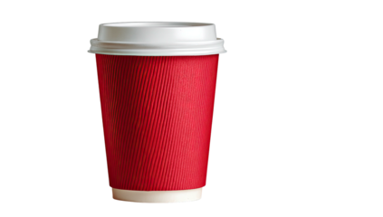 A vibrant red, ribbed coffee cup with a white lid stands against a stark, black background