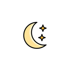 Simple cartoon illustration of a crescent moon and two twinkling stars against a black backdrop
