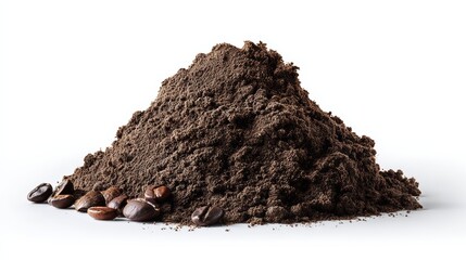 Pile of freshly ground coffee beans with whole coffee beans scattered around, showcasing rich texture and aroma, perfect for coffee enthusiasts and culinary applications