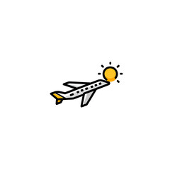Cartoon airplane with yellow accents and a bright bulb flying on a black background