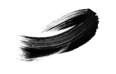 Swirling black paint stroke with textured bristles on a stark black background