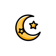 A yellow crescent moon with two stars, one filled, against a black background