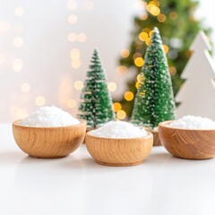 Three rustic wooden bowls brimming with granulated white sugar are artfully arranged beside a charming small Christmas tree adorned with twinkling lights.