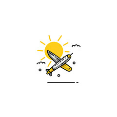 Cartoon depiction of a yellow sun with rays pierced by a stylized airplane on a black background