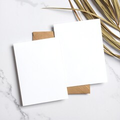 Two blank, white cards are elegantly placed side by side, with a vibrant green plant resting on top, adding a touch of nature and freshness.