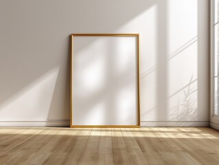 Minimal interior frame mockup on neutral wall, empty picture frame for artwork and poster display with subtle natural light shadow