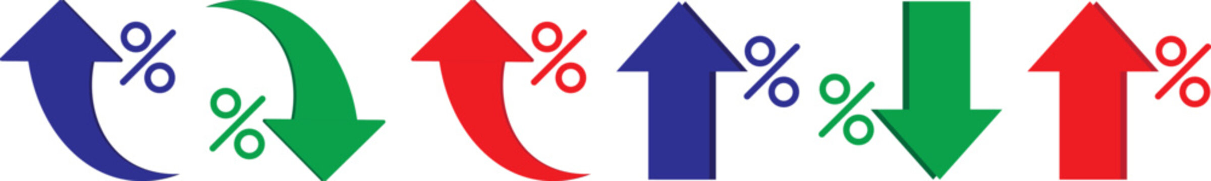 Percent Arrow Icon Set. curved arrow icon with percent symbol, economic growth, increase. Thin stroke editable icons. with increase arrow up icon, decrease arrow down icon