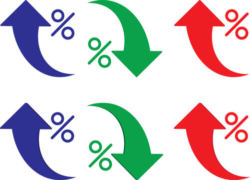 Percent Arrow Icon Set. curved arrow icon with percent symbol, economic growth, increase. Thin stroke editable icons. with increase arrow up icon, decrease arrow down icon
