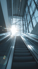 Obraz premium An escalator leads up to a brightly lit glass hall