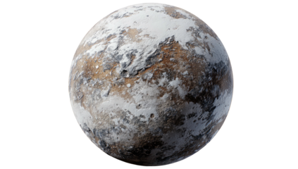 A close-up view of an icy planet's surface showing snowy peaks and barren land