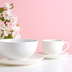 A cozy table setting featuring two elegant porcelain cups and matching saucers, adorned with delicate floral patterns, inviting a warm tea or coffee moment.