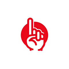 A vibrant red hand, inside a circle, making the "number one" gesture, on a black background