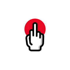 Cartoon illustration featuring a white hand giving the middle finger, set against a red circle and black background