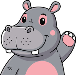 Fototapeta premium Cute friendly gray hippopotamus waving hello with a happy expression, isolated vector cartoon illustration perfect for children's books and educational materials