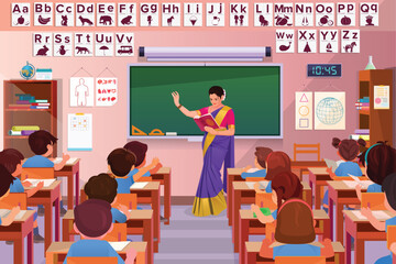 Indian Woman Teacher Teaching Students in Modern Classroom, Indian teacher and students in the classroom, education illustration
