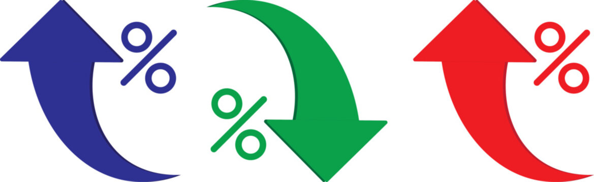 Percent Arrow Icon Set. curved arrow icon with percent symbol, economic growth, increase. Thin stroke editable icons. with increase arrow up icon, decrease arrow down icon