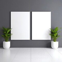 Two pristine white posters hang symmetrically on a textured gray wall, their empty surfaces inviting creativity and personal expression in a minimalist setting.