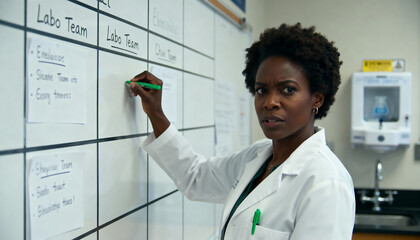 Serious black female scientist writing on a whiteboard in a research lab. A concerned doctor or researcher planning and problem-solving during a medical study