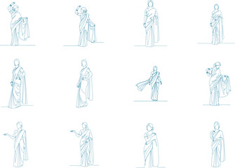Illustrations of Women Wearing Sarees in Various Styles